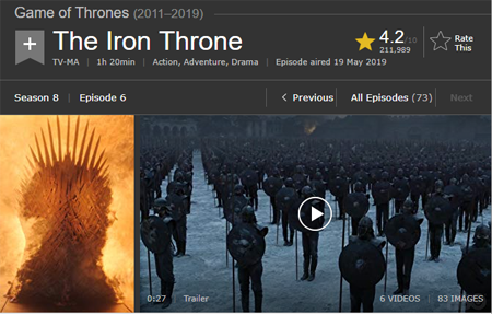 Game of Thrones finale episode page in IMDb.